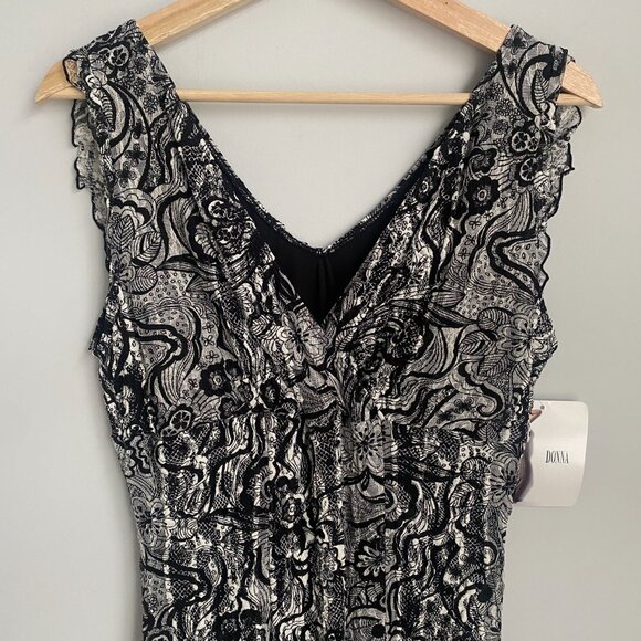 Donna Black & White Floral Lace Overlay Empire Waist V-Neck Midi Dress Size L - Picture 2 of 6